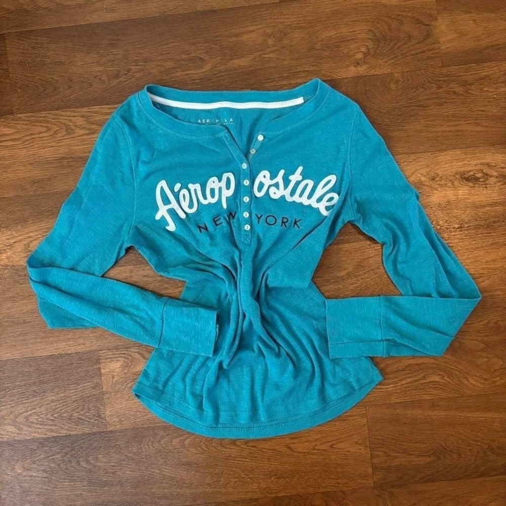 Vintage Y2K Twee Aeropostle Spell Out Logo Henley Thermal Longsleeve T Shirt XL